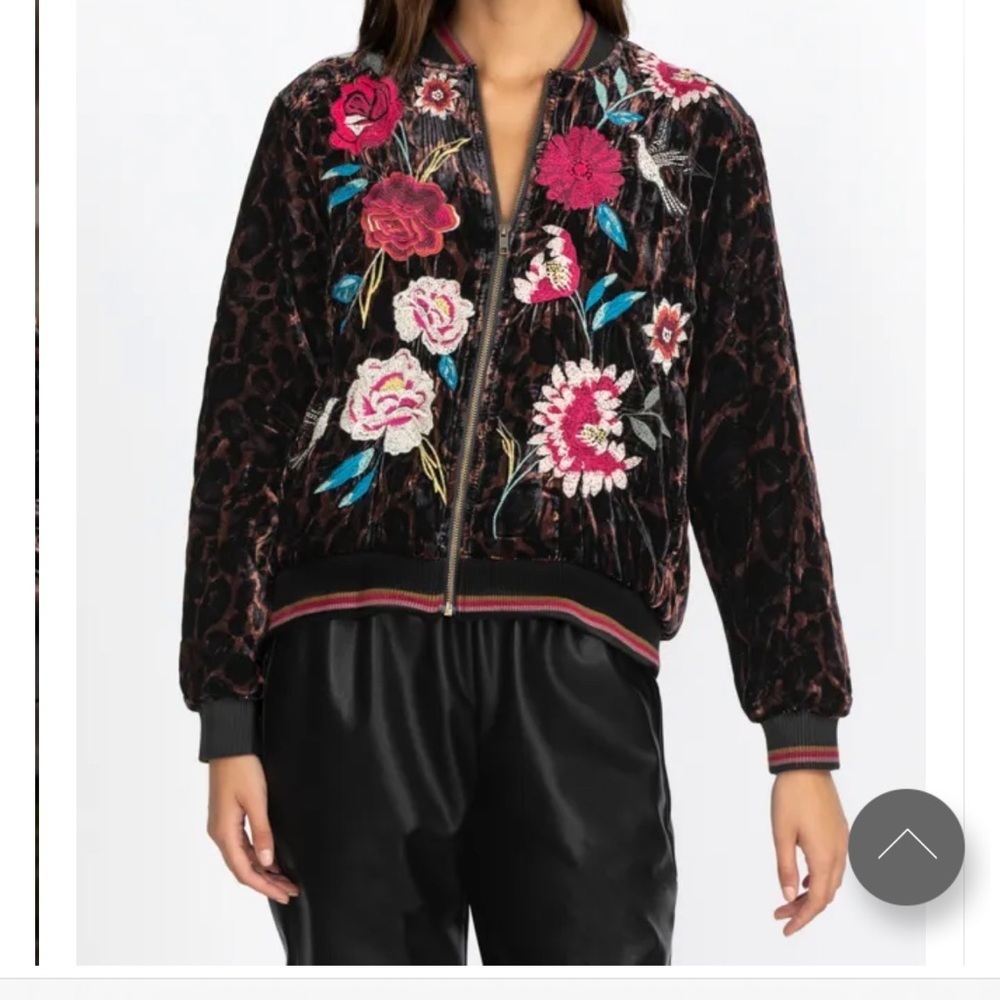 Johnny Was Black Velvet Bomber Jacket with Pink Floral Embroidery